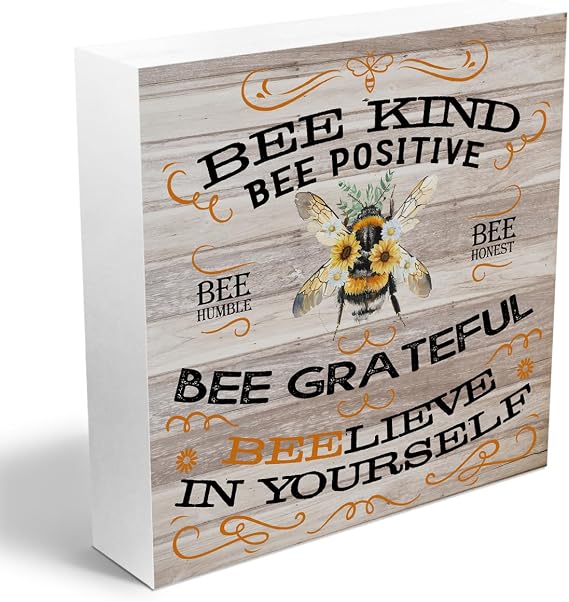 Inspirational Bee Decorations Wooden Box Sign, Vintage Bee Decor | Rustic Farmhouse Home Living Room Desk Table Shelf Decor Decorations, Motivational Positive Affirmations Wood Block Plaque