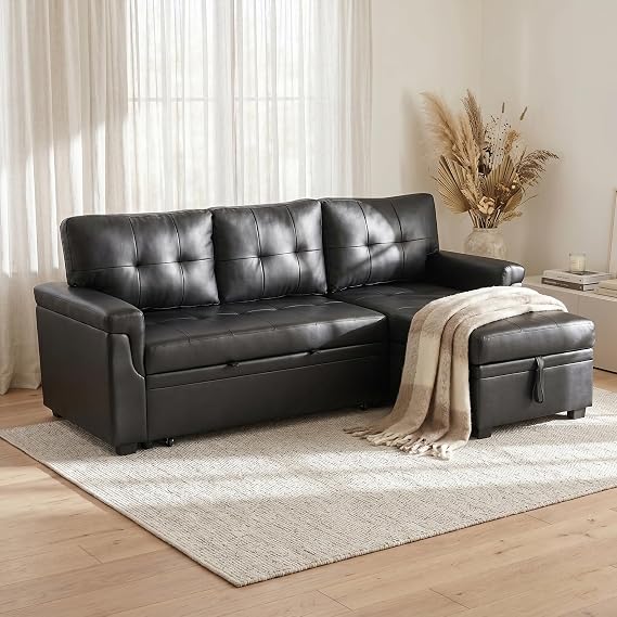 Naomi Home Laura 3-in-1 Sleeper Sectional Sofa, Black Air Leather | Sleeps Guests Comfortably, Stores Essentials in Chaise & Saves Space, Air Leather, Black Convertible Sofa Bed