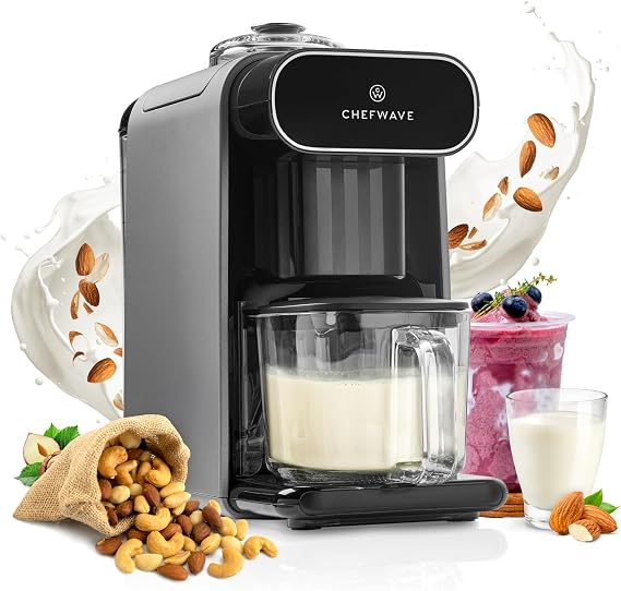 ChefWave Milkmade Soy Milk Maker 6-in-1 Vegan Plant-Based Milk Machine with Auto Clean, and Delay Start, Almond, Oat, Soy, Cashew, Coconut, Macadamia Milk Maker with Nut Platter (Silver/Black)
