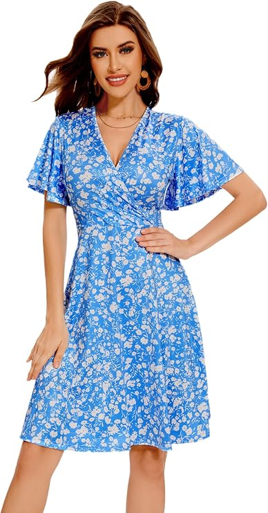 Women Casual Summer Dress 2025 Beach Vacation Floral Sundress Short Sleeve Wrap V-Neck Modest Dresses