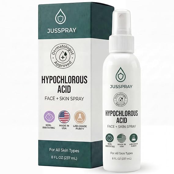 JussprayTM Hypochlorous Acid Spray for Face and Skin | HOCI Facial Cleanser Mist | 8 oz Hypochlorous Acid for Face, Skin, Acne, Eczema, Body Acne Sprays, Piercing Aftercare, Wound Solution