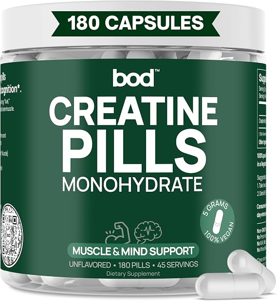 Bod Creatine Monohydrate Capsules 45 Servings (4 Capsules = 5 g) Ultra-Pure 200 Mesh Creatine Monohydrate Strength, Power, Muscle Growth & Recovery