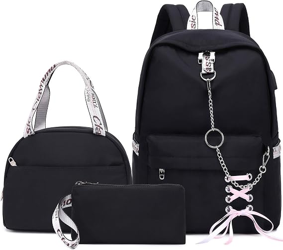 Hey Yoo School Backpacks for Girls Backpack with Lunch Box Teen Girl Bookbag Set School Backpack for Girls (Black)
