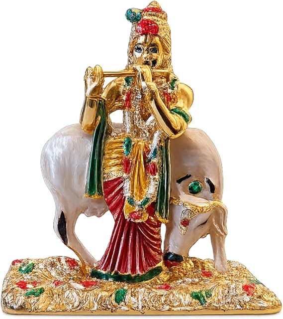 C&S Homestore Krishna Statue with Cow Metal Golden Colour Idol Decorative Murti Hindu God Figurine for Home Temple Car Dashboard Office Pooja Gift Spiritual Decor Compact Size 7.5cm x 7cm