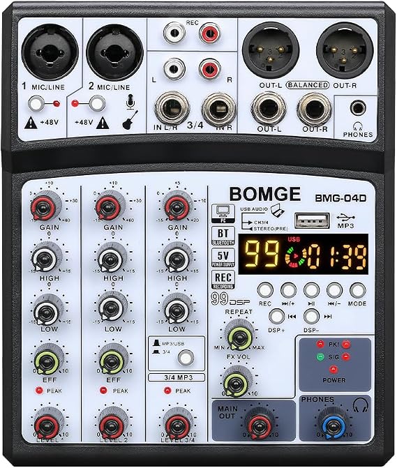 BOMGE 4-Channel 99 DSP Echo DJ Audio Sound Mixer Interface Mixing Console Karaoke MP3 USB Bluetooth, Stereo Record, 48V Phantom Power, 5V Power Supply black