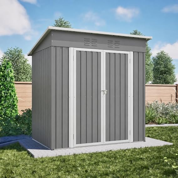 6x4 FT Outdoor Storage Shed, Metal Garden Shed with Frame Floor, Outside Tool Shed with Lockable Hinged Doors, Waterproof Storage Building with Sloped Roof for Backyard, Patio, Lawn, Gray
