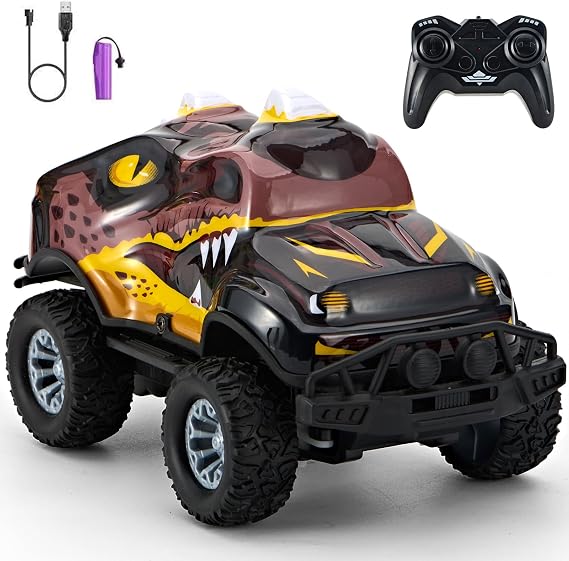 Dinosaur-Shaped Off-Road Vehicle Remote Control Cool Off-Road Vehicle Truck, 2.4GHz RC Car with LED Lights, 1:20Scale, RC Truck, Remote Control car from a Long Distance.Gifts for Boys (Brown)