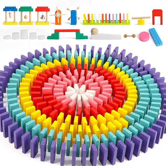 Wondertoys 600 PCS Dominoes Set for Kids Wooden Building Blocks 6 Colors Bulk Dominoes Racing Tile Games Educational Toy for Kids Birthday Party with 11 Add-on Blocks and 1 Storage Bag