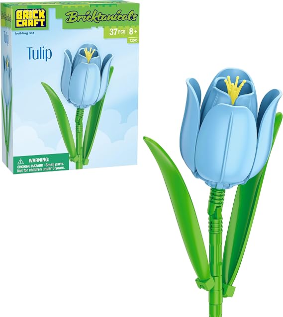 Brickcraft Bricktanicals Blue Tulip Brick Building Set, 37 Piece Single Stem Botanical Flower Model, Ages 8+, Collectible Brick Flower Build, Compatible with Brick Flowers, Spring Gift for Kids