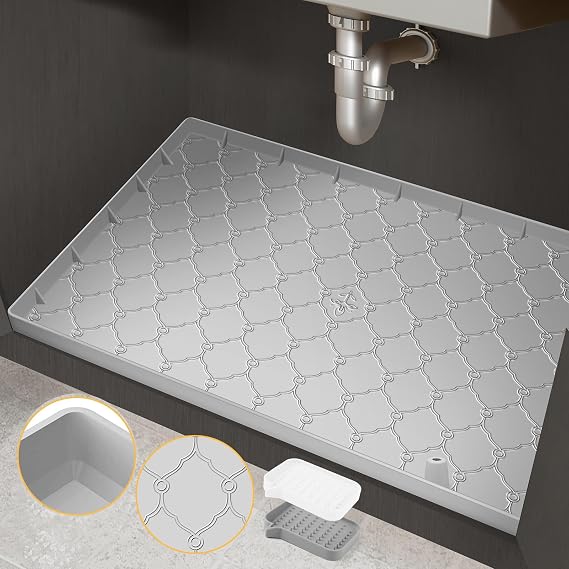 Under Sink Mat, 34x22 Silicone Under Sink Mats for Kitchen Waterproof, Thick Under Sink Liner with Drain Hole, Bathroom Under Sink Tray, Undersink Mat Cabinet Protector for Leaks Spills