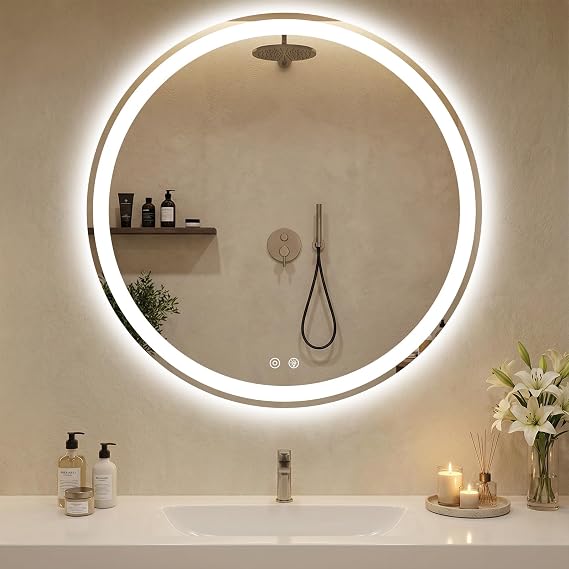 Sweetcrispy 36 Inch Round LED Bathroom Mirror with Lights, Circle Vanity Mirror with Anti-Fog, Dimmable, 3-Color Light, Memory Function, Tempered Glass