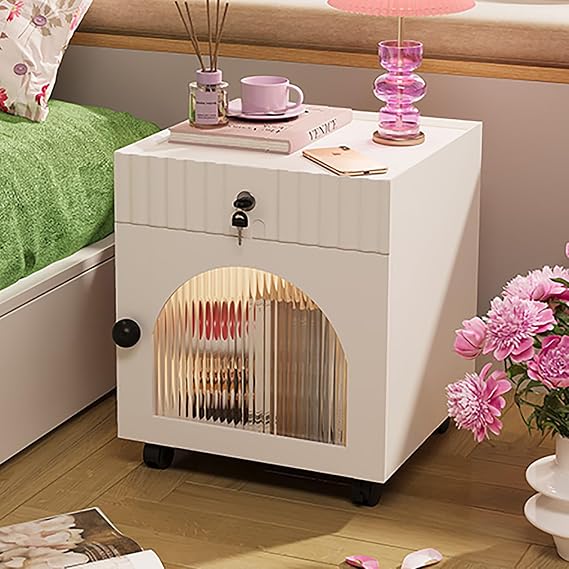 Bedroom Nightstand, Side Table with 1 Lockable Drawers and Solid wood handles, Sturdy and stablez, 360° Silent wheels, Vintage Accent Storage Bedside Table for Bedroom Entryway(White,50cm)