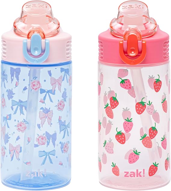 Zak Designs Berry and Bows Sage 16oz Leak-Proof Straw Kids Water Bottle