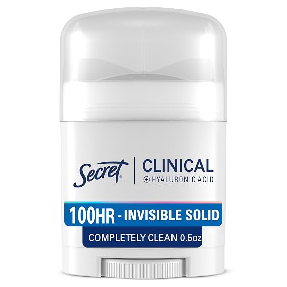 Secret Clinical Strength 100HR Sweat & Odor, Invisible Solid Antiperspirant & Deodorant for Women, 3X Stress Protection with Hyaluronic Acid, PH Balanced, Completely Clean Scent, 0.5 oz