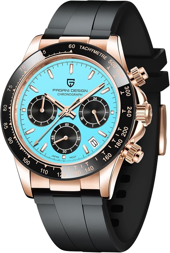 Pagani Design Men's Watch VK63 Movement Daytona Chronograph Men's Homage Quartz Watch Ceramic Bezel Stainless Steel Sports Rubber Band Waterproof Diving Watches Men (Sky Blue)