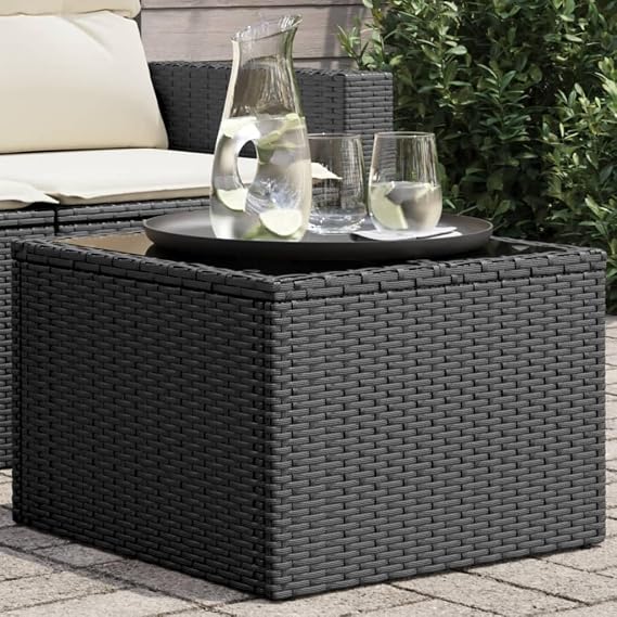 Outdoor Garden Table Square with Tempered Glass Top and Black PE Rattan Frame, Powder-Coated Steel Patio Bistro Set for Balcony, Terrace, Backyard Dining