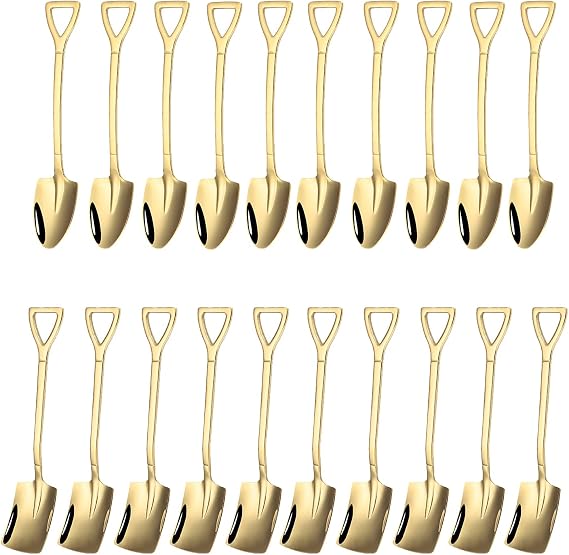 Pack of 20 Shovel Shaped Creative Spoons Stainless Steel Coffee Spoons Stainless Steel Spade Spoon Suitable for Afternoon Tea Bars Cafes (Gold)