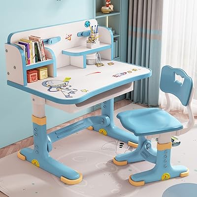 Kids Desk and Chair Set, Height Adjustable Kids Study Table and Chair Set, Children School Desk with Storage Drawer and Book Stand, Ergonomic Child Toddler Deskwith Sitting Posture Corrector Blue 2