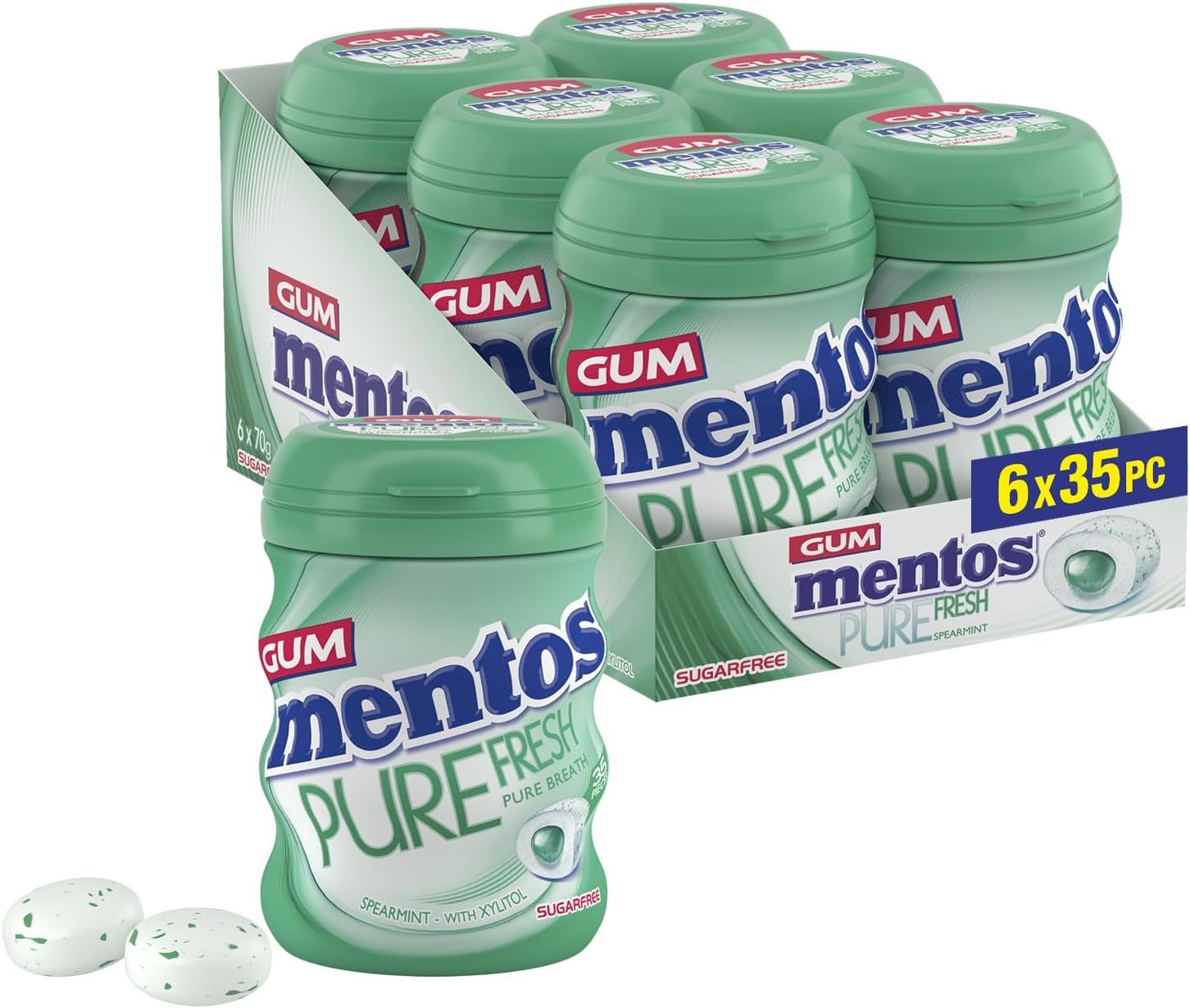 Mentos Pure Fresh Spearmint Chewing Gum 35 Pieces – Sugar-Free, Bursting Freshness, On-the-Go, Gluten-Free, with Xylitol, 90 g Pack of 6
