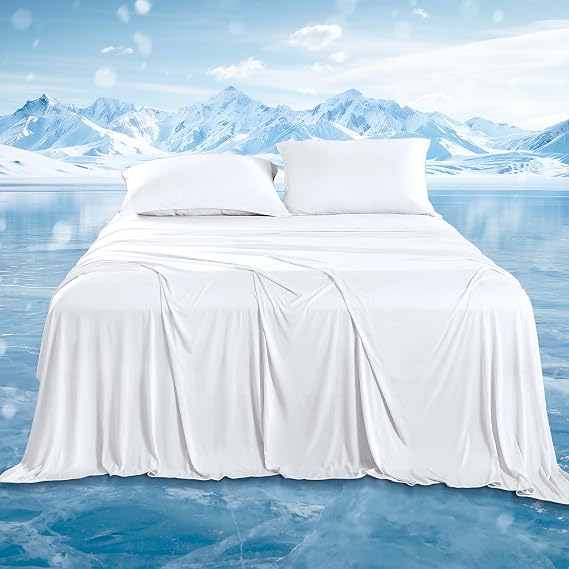 DOWNCOOL 4-Piece Cooling Sheet Set Full Size, Cooling Bed Sheets for Hot Sleepers and Night Sweats, Q-Max>0.4, Soft & Breathable Summer Bedding Sheets, Deep Pocket Up to 15", White