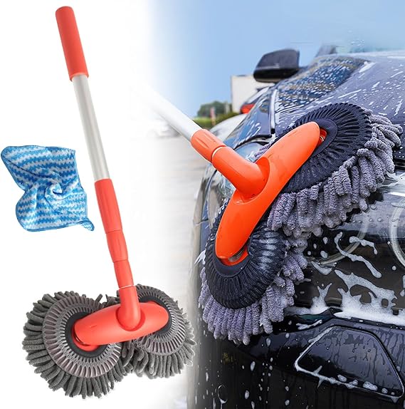 Rotating Car Mop, Double Head Car Wash Mop with Long Handle & Towel, Rotating Double Brush Head Car Wash Mop Head,Microfiber Double Head Car Wash Brush Long Handle Caravan Cleaning Brush (1/Set Mop)