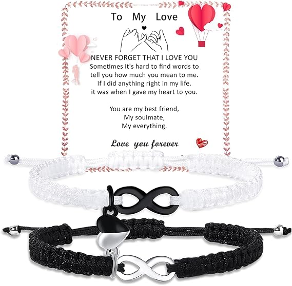 Couples Bracelets, Infinity Symbol Black White Matching Love Attraction Weaving Stretch Adjustable Bracelets Set for Her Hims Lovers Boyfriend Girlfriend Husband Wife