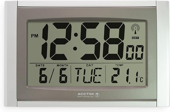 Acctim Stratus Digital Wall/Desk Clock Radio Controlled Tabletop LCD Display Date & Thermometer Silver