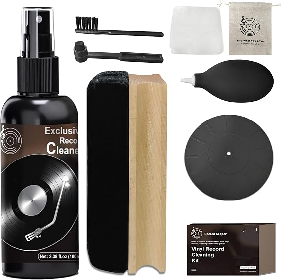 Vinyl Record Cleaning Kit,Complete 8-in-1,100ml Vinyl Record CleanerVelvet Record BrushStraight Handle BrushRound Head BrushSilicone Record TraySuede WipeEar Wash Ball & Storage Bag