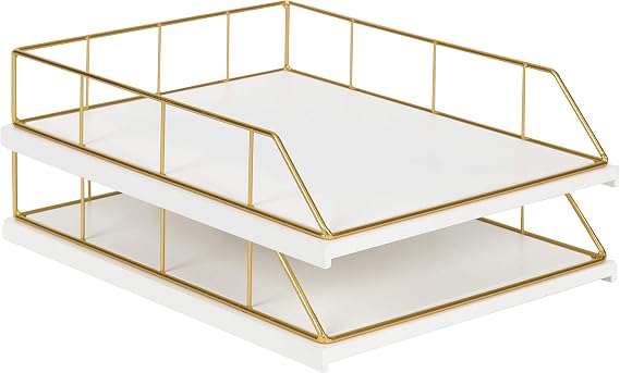 Kate and Laurel Benbrook Stacked Metal and Wood Letter Trays, White and Gold