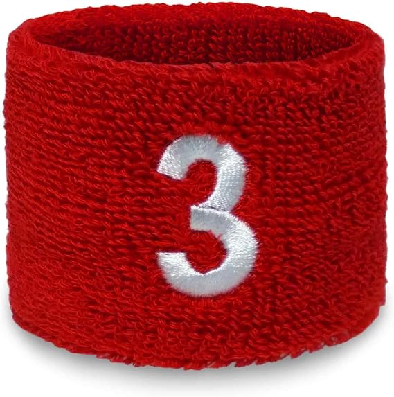 Unisex Red Athletic Terry Wristband Embroidered Number | 85% cotton 8% elastic 7% nylon, red athletic embroidered player number, terry cloth wristband, 2.5 and 4 inch, 1 piece