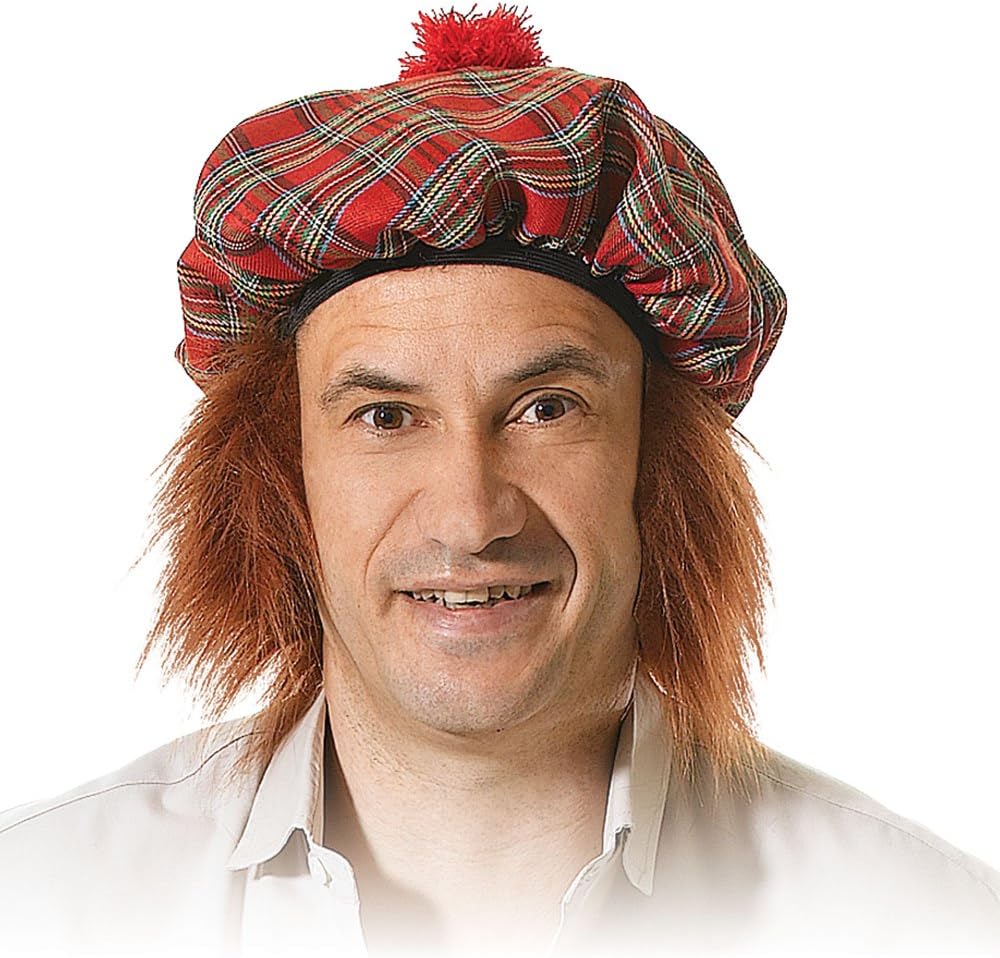 Bristol Novelty BH124 Scots Tartan Hat with Ginger Hair, Mens, Red, One Size