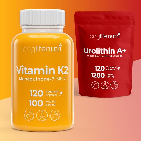 LongLifeNutri Vitamin K2 MK-7 100 mcg & Urolithin A+ 1000 mg Bundle 120 Veg Capsules Each, Up to 4-Month Supply, Bone, Circulation & Longevity Support, Lab Tested, Made in USA