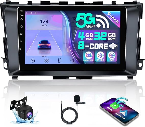 8 Core 4+32GB Car Radio for Nissan Altima 2013-2018 with Wireless Carplay Android Auto 9 Inch IPS HD Touchscreen for Altima Stereo 5Ghz WiFi GPS Navigation BT FM SWC AHD Backup Camera
