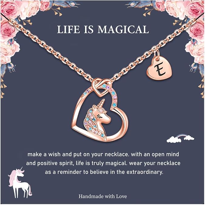 Hidepoo Initial Unicorn Necklace Gifts - Colorful CZ Heart Unicorn Necklace Jewelry Gifts Heart Pendant E Initial Necklaces Birthday Gift Necklaces Jewelry for