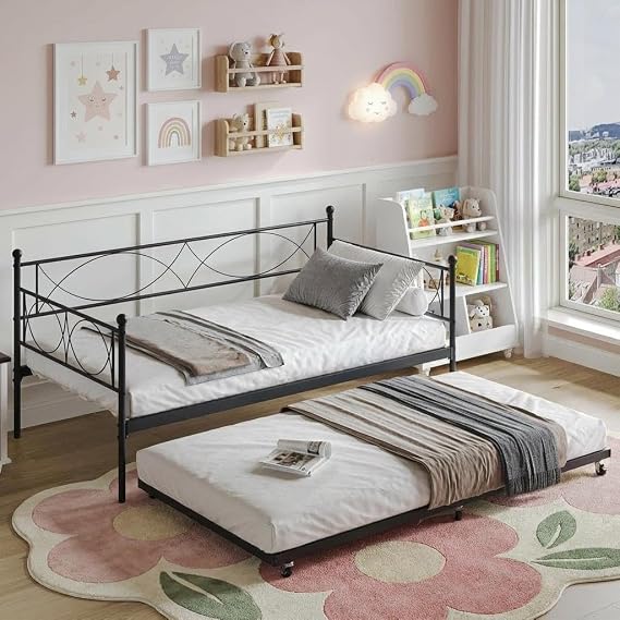 GAOMON Daybed with Trundle - Day Bed with Trundle Bed Twin & Metal Twin Day Bed Frame with Pull Out Trundle, 2-in-1 Twin Bed with Trundle for Bedroom & Living Room, Sturdy Metal Slats Support