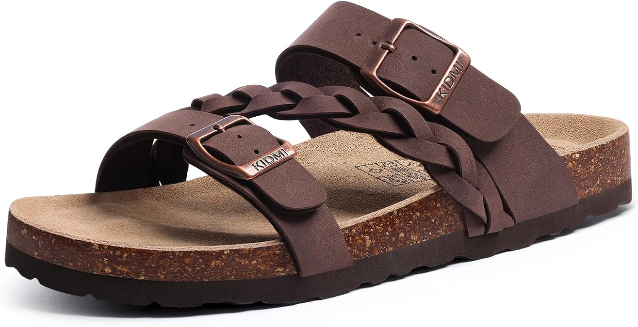 KIDMI Braided Cork Footbed Sandals for Women Slides with Arch Support