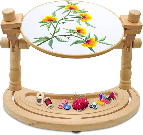 Adjustable Embroidery Hoop Stand Rotatable Wooden Cross Stitch, Needlepoint & Punch Needle Holder for DIY Sewing
