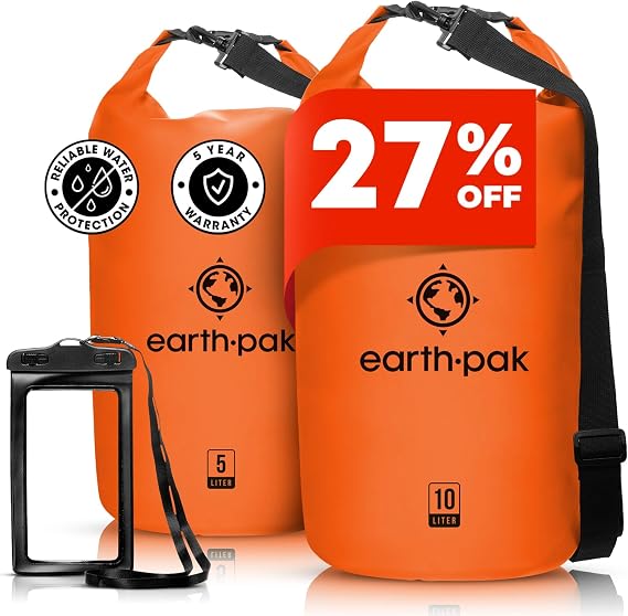 Earth Pak Waterproof Dry Bag - Roll Top Waterproof Backpack Sack Keeps Gear Dry for Kayaking & Fishing with Phone Case (Orange 10L & 20L)