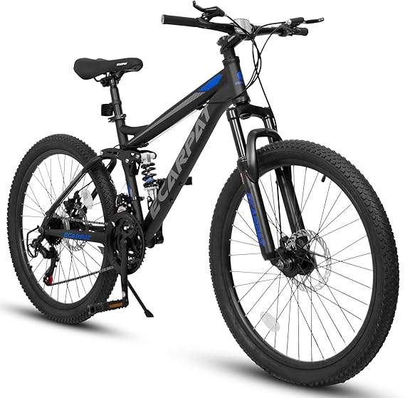 Mountain Bike 27.5 Inch Wheels, 21-Speed Full Suspension Mens Womens Trail Commuter City Mountain Bike, High Carbon Steel Frame Disc Brakes Grip Shifter Front Fork Rear Shock Absorber Bicycles