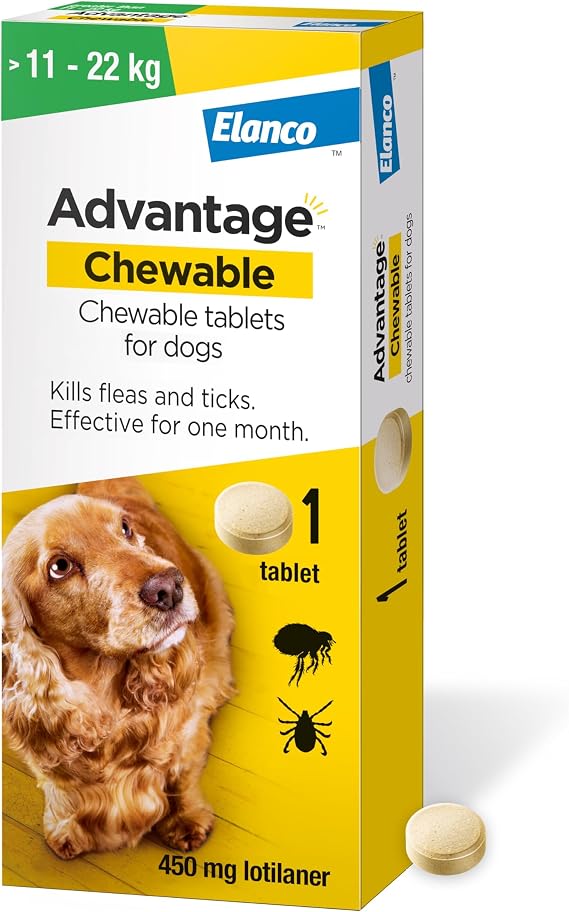 Advantage Chewable 450mg Chewable Tablets for Dogs >11-22kg (1 pack), Flea and Tick Treatment, Fast Acting Kills Fleas Within Hours, Prevention Lasts For A Month, Easy To Administer