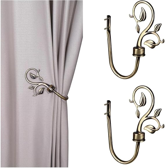 SUQ I OME Leaf Shaped Curtain Holdbacks, Bronze, 1 Pair | Handmade Metal, Antique Brass, Wall Mount, For Drapes Window