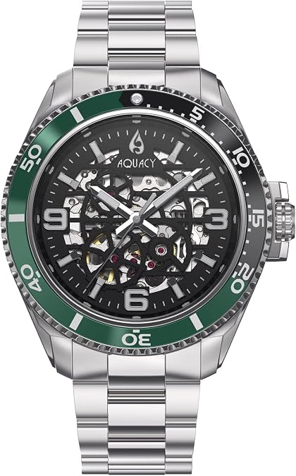 Aquacy HEI Matau Skeleton 200M Black Dial Green Bezel Men's Automatic Watch - Japan Miyota Automatic Movement Stainless Steel Bracelet