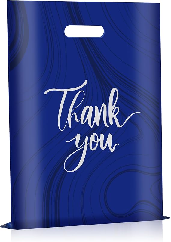 100 Pack Navy Thank You Bags - Plastic Bags with Handles, 9 x 12 Inches (2.36 Mil Thickness)