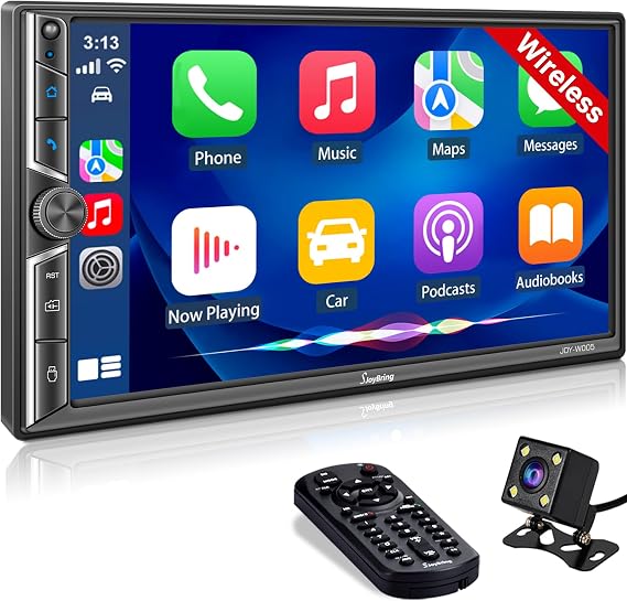 7 Inch Double Din Car Stereo with Wireless CarPlay and Android Auto, Bluetooth, Phone Mirror Link, HD Touchscreen, Backup Camera, 4.2-Channel, FM/AM Car Radio