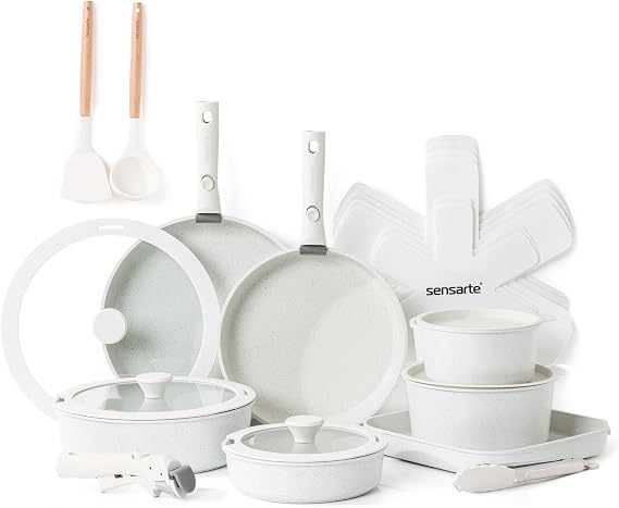 SENSARTE 24 Piece Nonstick Detachable Handle Pots and Pans Set White | Removable Handle Cookware Set, Induction Cookware Set with Removable Handle, Healthy Non Stick for RV, Dishwasher & Oven Safe