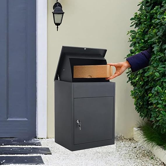 iropro Wall Mounted Parcel Drop Box, Black Lockable Delivery Boxes for Parcels, Medium Outdoor Post Boxes for Secure Multiple Internet Deliveries of Large Delivery Packets Weatherproof
