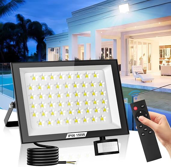 150W Security Lights Outdoor Motion Sensor with Remote Control, 15000LM 6500K Daylight PIR Security Light, IP66 Waterproof Motion Sensor Lights Outdoor for Garden, Patio, Backyard, Rooftop [Energy Class F]
