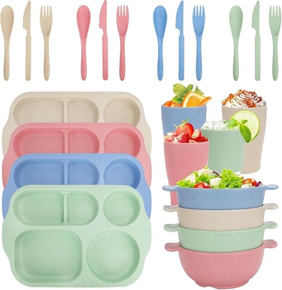 24PCS Unbreakable Plastic Plates and Bowls Sets, Reusable Dinnerware Sets