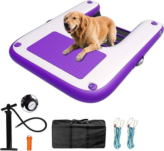 ALIFUN Inflatable Dog Ramp For Boat, Large Dog Water Ramp with Manual Pump, Non-Slip EVA Durable Floating Dock Ladder Up to 90 LBs, Pup Plank for Swimming Pool, Boat, Lake & Ocean (55"L x 39"W x 4"H)