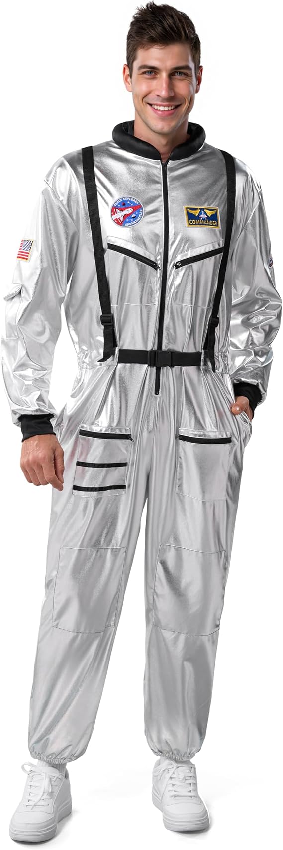 Spooktacular Creations Halloween Astronaut Costume Men, Silver Space Suit Spaceman Jumpsuit Pilot Outfit for Cosplay Parties